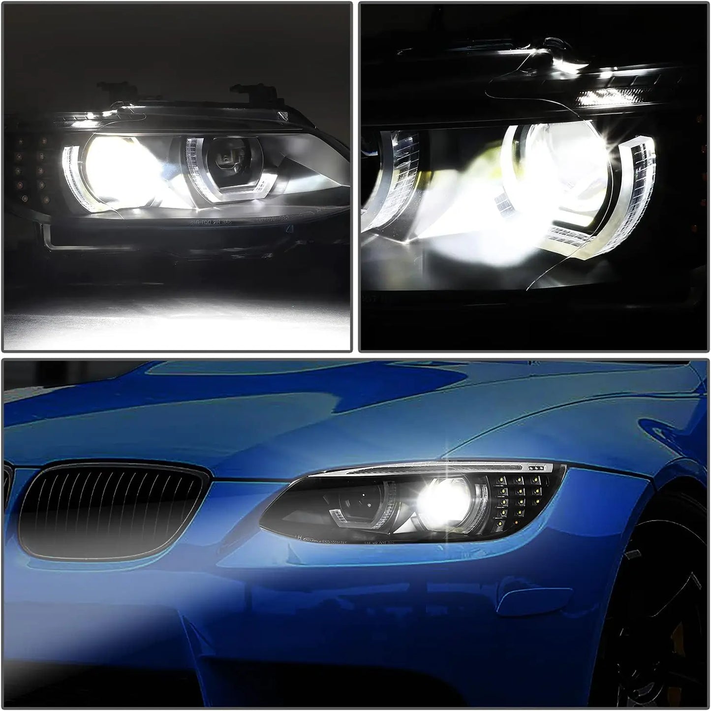 BMW E92 E93 LED headlights installed on vehicle with illuminated white DRLs and projector headlight beam