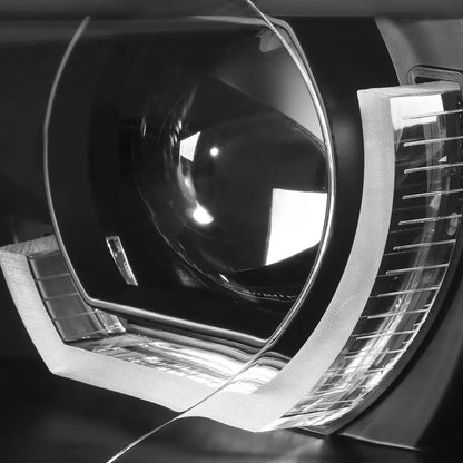 Close-up of BMW E92 E93 headlight projector lens with 3D crystal U-halo LED daytime running light