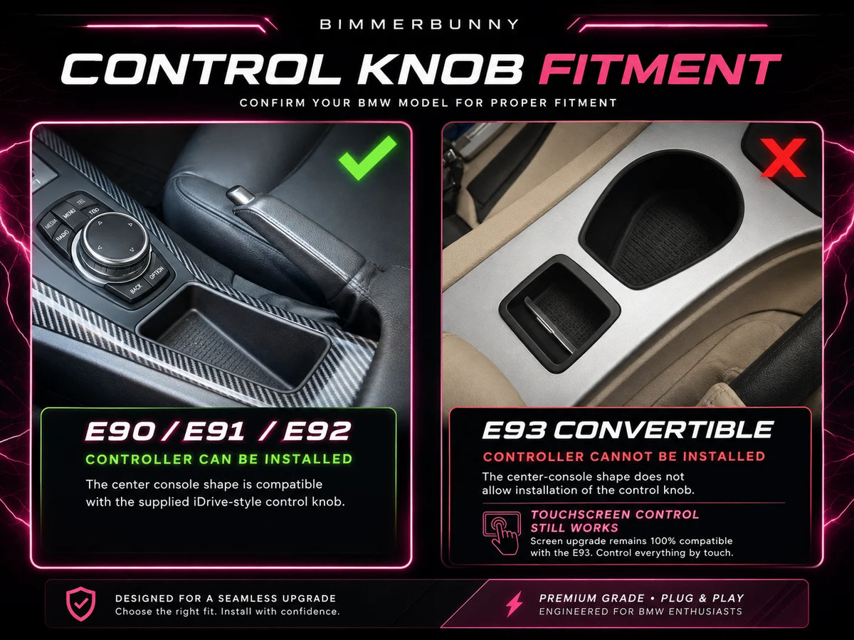 A product fitment guide graphic for the BimmerBunny Control Knob Fitment, showing two side-by-side photos of a BMW center console. The left panel shows a green check mark indicating compatibility with BMW models E90/E91/E92, and the right panel shows a red X indicating incompatibility with the E93 Convertible.