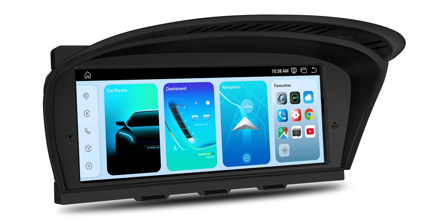 BMW E9X Android infotainment screen showing modern home dashboard with navigation, vehicle information and app overview on Apple CarPlay and Android Auto compatible display
