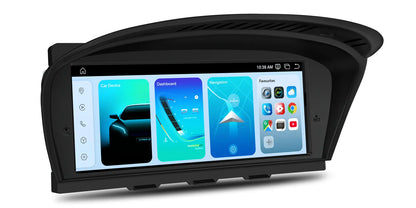 BMW E9X Android infotainment screen showing modern home dashboard with navigation, vehicle information and app overview on Apple CarPlay and Android Auto compatible display
