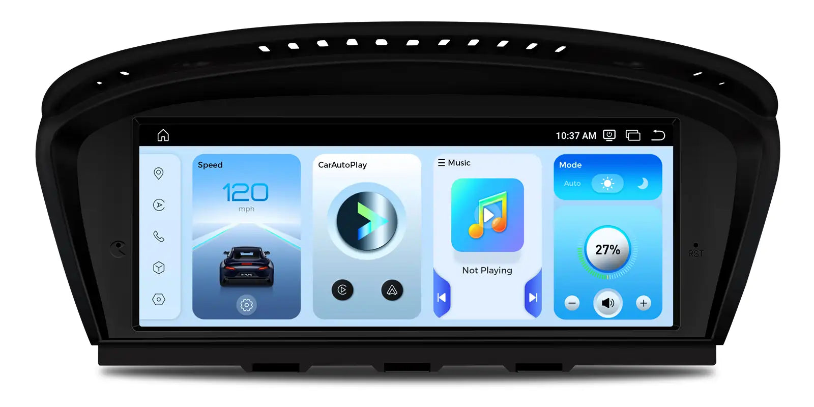 BMW E9X Apple CarPlay and Android Auto infotainment screen showing multi-widget dashboard interface with driving data, media controls and system status