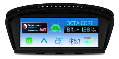 BMW E9X Apple CarPlay and Android Auto infotainment screen showing hardware specifications including Snapdragon 662 octa-core processor, 8GB RAM, 128GB storage, Bluetooth 5.1 and 4G support