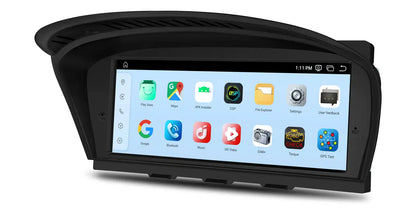 Front view of BMW E9X Apple CarPlay and Android Auto infotainment screen showing Android operating system home screen and app interface