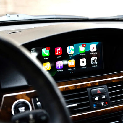 OEM-style infotainment screen with Apple CarPlay and Android Auto installed in BMW E9X dashboard (E90 E91 E92 E93)