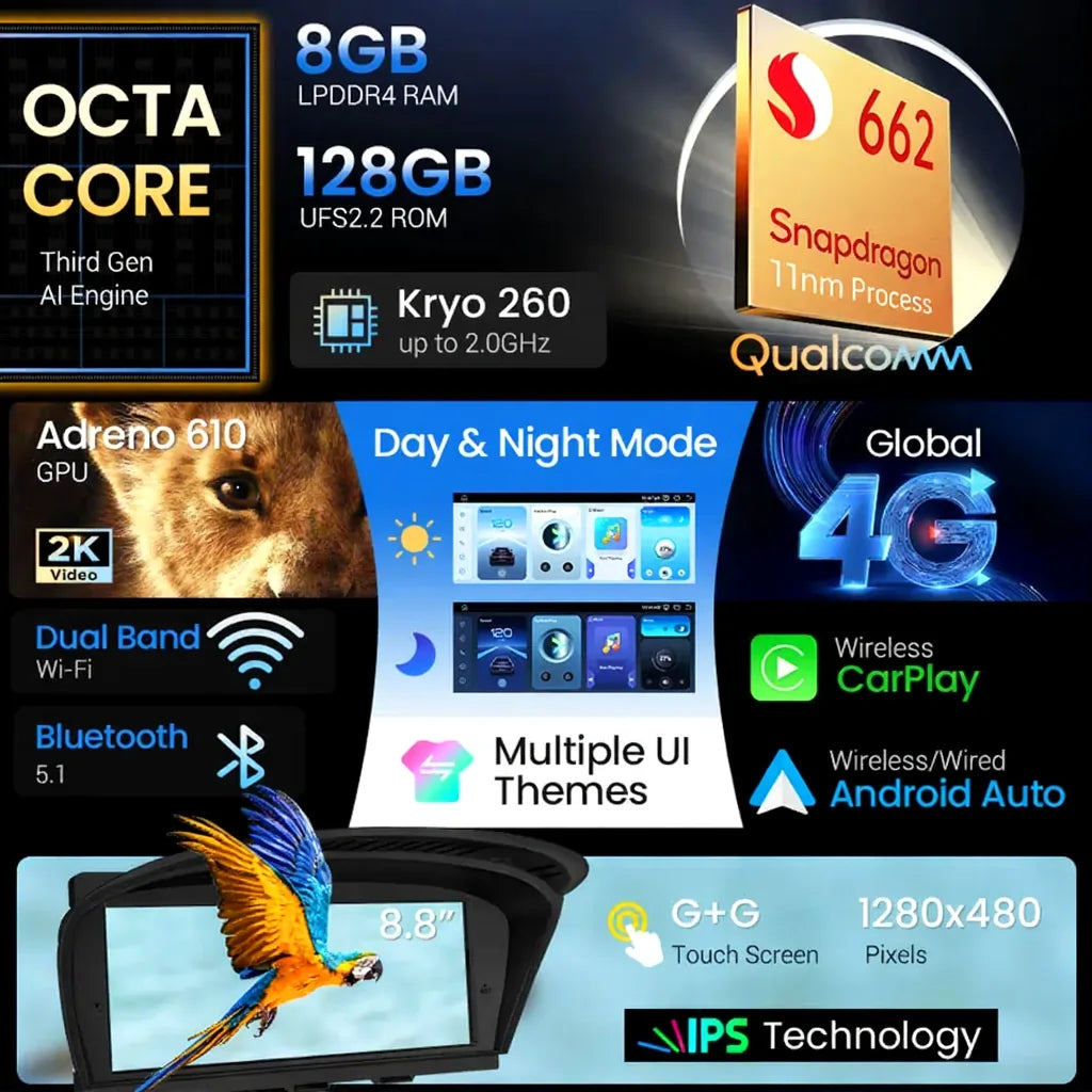 BMW E9X Apple CarPlay and Android Auto infotainment system showing Snapdragon 662 processor, 8GB RAM, wireless CarPlay, Android Auto and touchscreen features