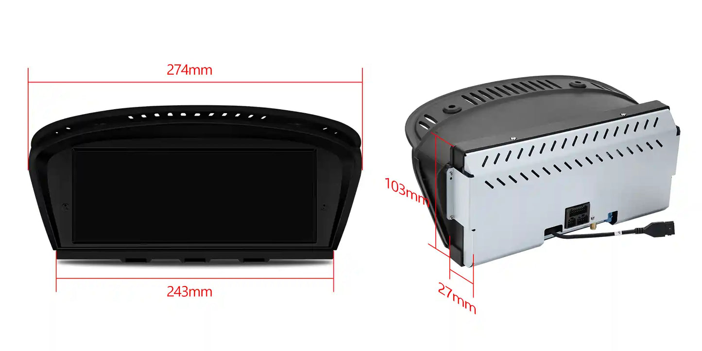 BMW E9X Apple CarPlay and Android Auto infotainment screen showing housing dimensions, screen width, depth and mounting measurements for factory dashboard installation