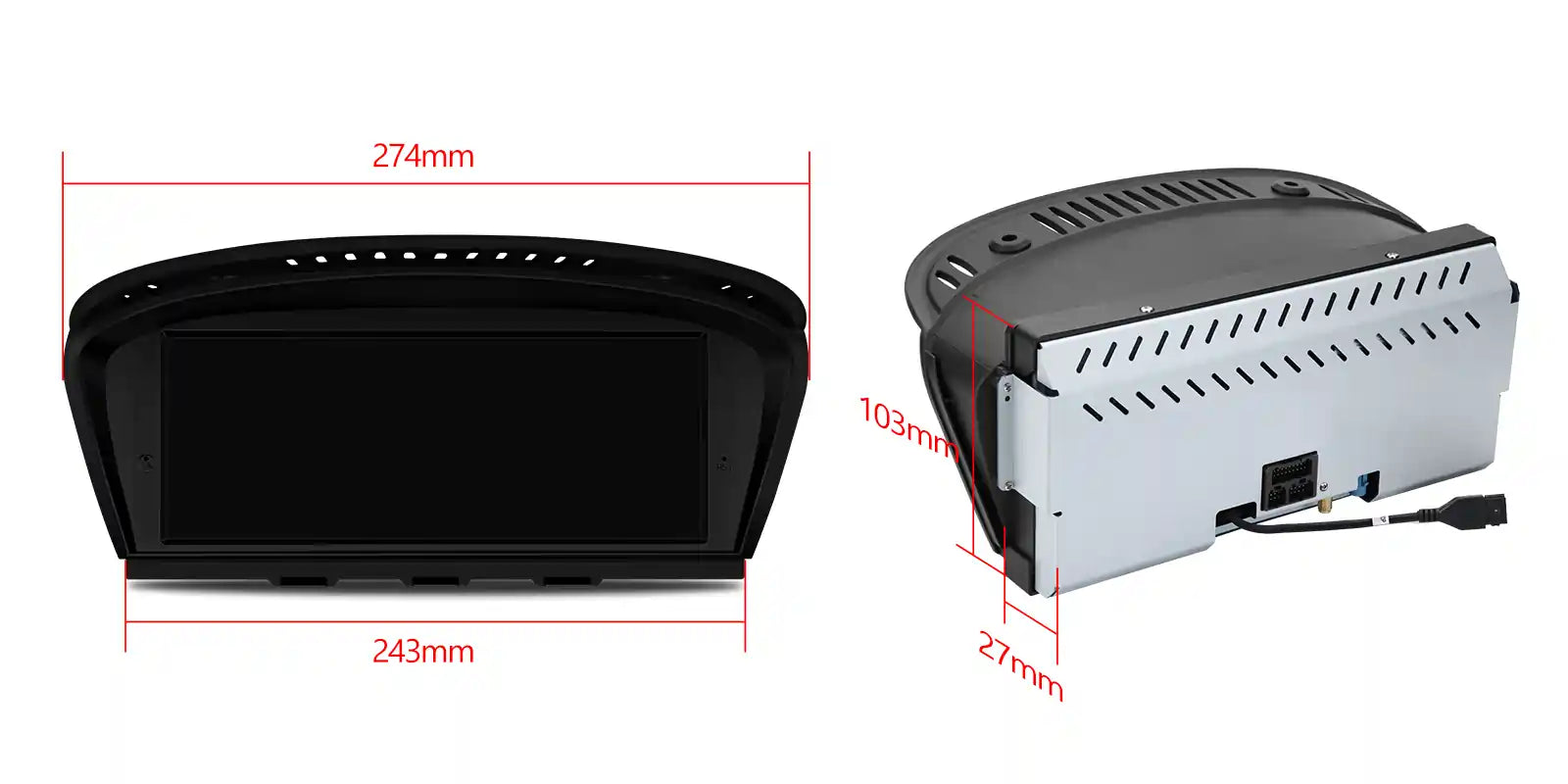 BMW E9X Apple CarPlay and Android Auto infotainment screen showing housing dimensions, screen width, depth and mounting measurements for factory dashboard installation