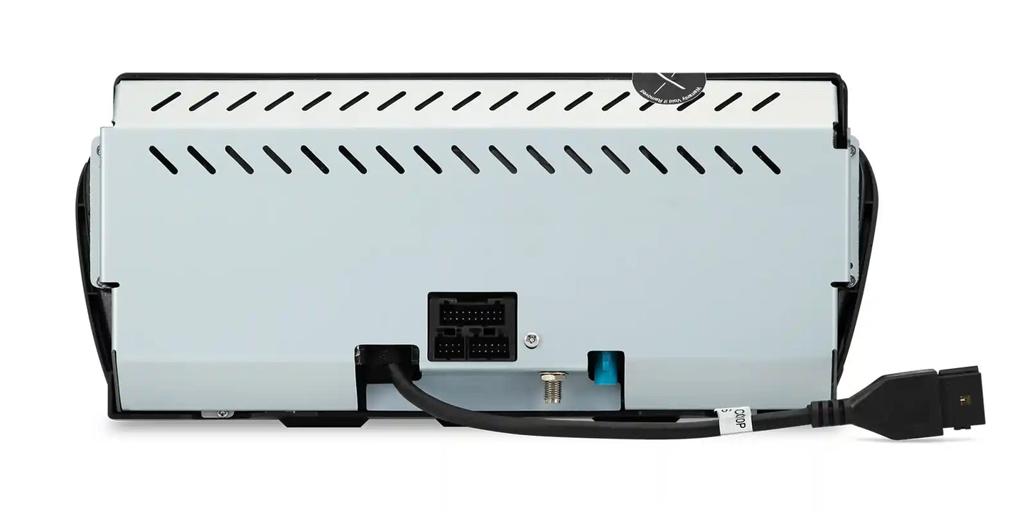 Rear view of BMW E9X Apple CarPlay and Android Auto infotainment screen showing connector ports, wiring harness and rear housing for factory installation