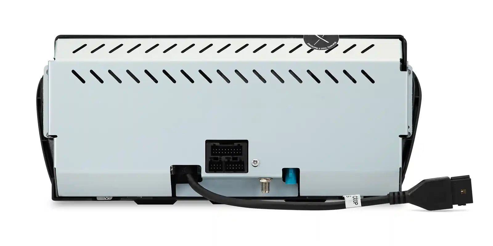 Rear view of BMW E9X Apple CarPlay and Android Auto infotainment screen showing connector ports, wiring harness and rear housing for factory installation