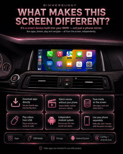 BMW F-Chassis built-in Android screen with CarPlay, Android Auto, app downloads, streaming, USB media and independent Android system