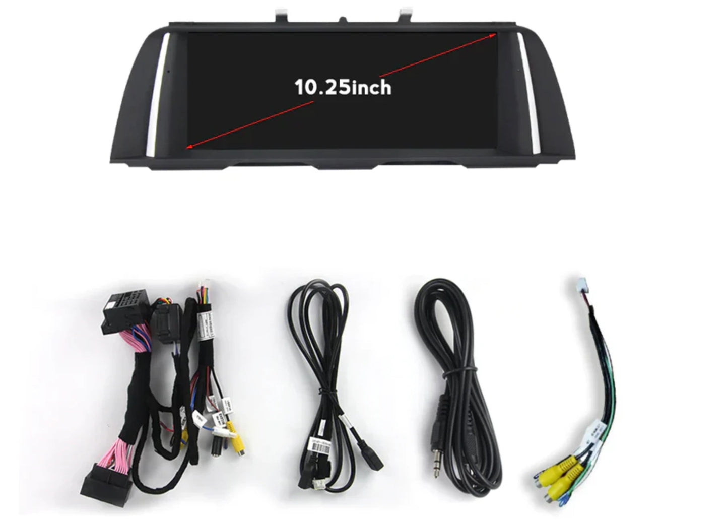 BMW Apple CarPlay Android Auto screen kit contents for 5 Series F10 F11 and 7 Series F01 F02 including wiring harness and cables
