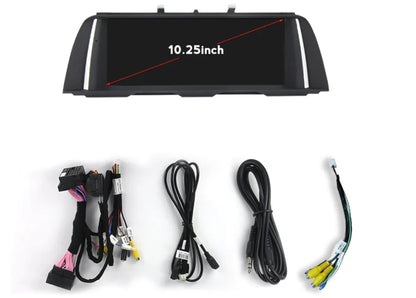 BMW Apple CarPlay Android Auto screen kit contents for 5 Series F10 F11 and 7 Series F01 F02 including wiring harness and cables