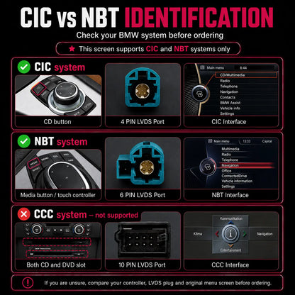 CIC vs NBT identification guide for BMW F10, F11, F07, F01 and F02 10.25-inch Android screen upgrade, showing supported CIC and NBT systems and unsupported CCC system