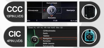 Comparison of BMW iDrive CCC 10-pin LVDS and CIC 4-pin LVDS systems, including menu screens and connector types.