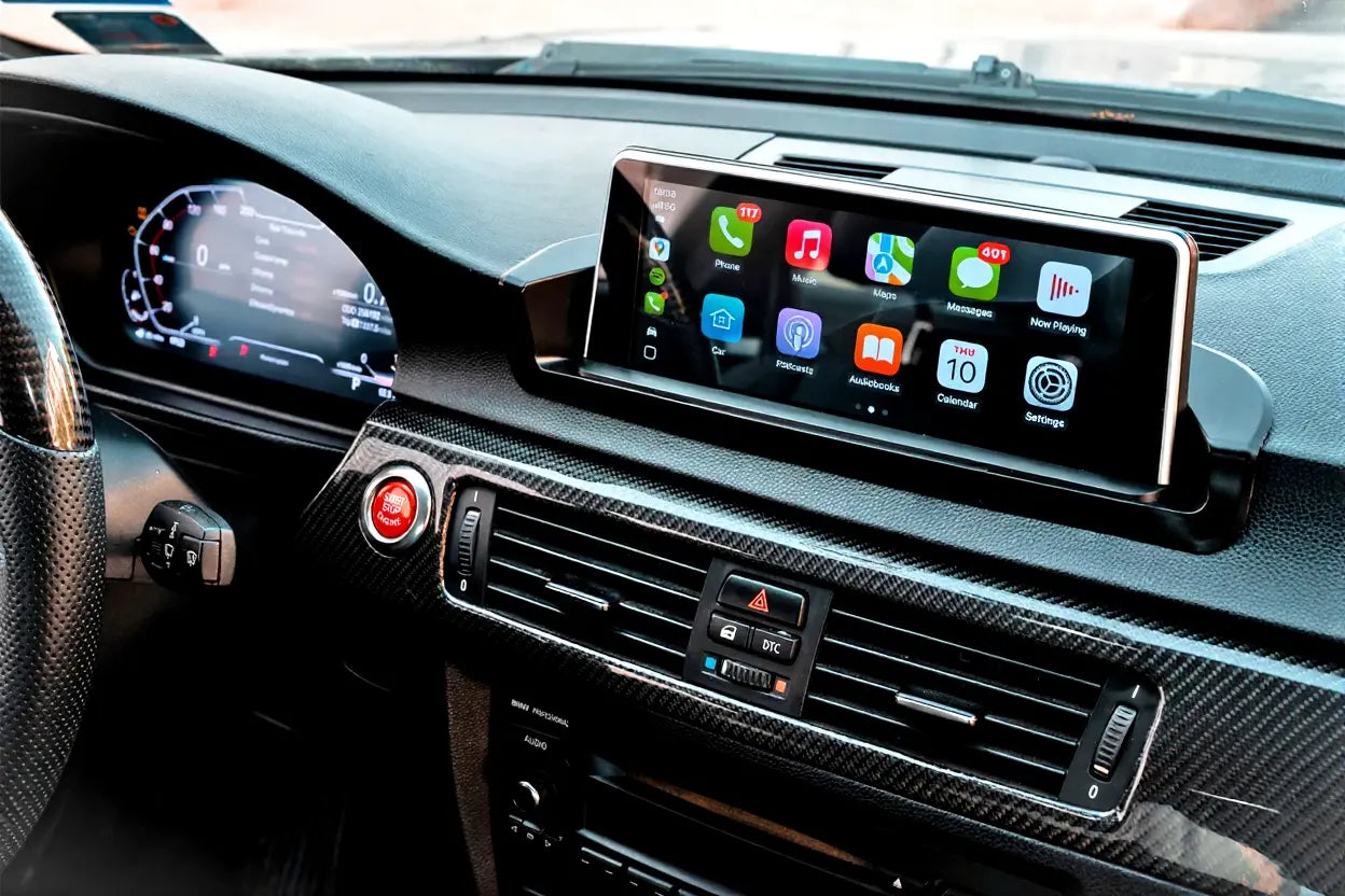 BMW interior with upgraded infotainment screen showing Apple CarPlay and Android Auto interface, OEM-style dashboard retrofit