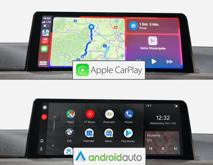 BMW infotainment screen upgrade with Apple CarPlay and Android Auto interface displayed on wide OEM-style dashboard screen