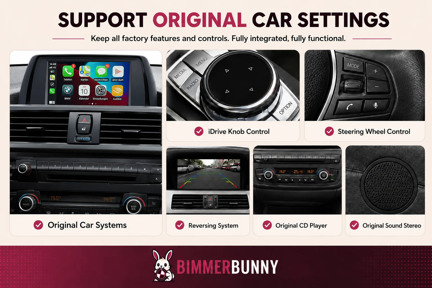 BMW NBT wireless CarPlay and Android Auto interface with OEM integration, iDrive control, steering wheel buttons, reverse camera and original audio support.