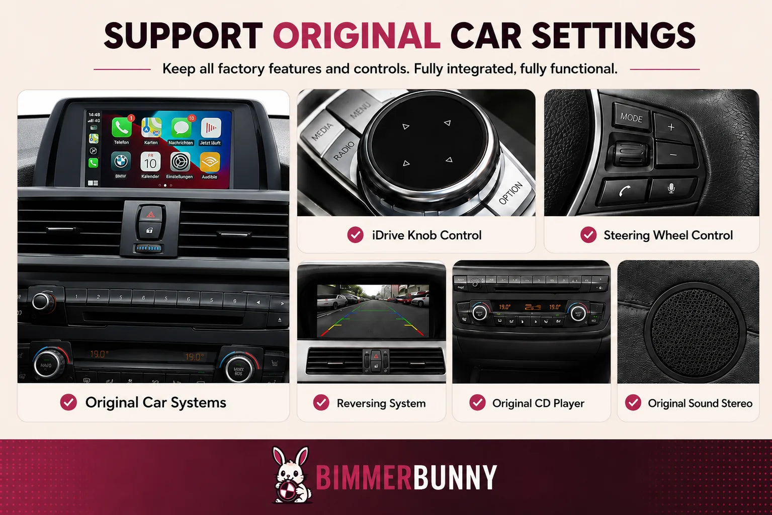 BMW NBT wireless CarPlay and Android Auto interface with OEM integration, iDrive control, steering wheel buttons, reverse camera and original audio support.