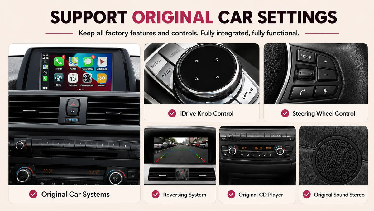 BMW NBT wireless CarPlay and Android Auto interface with OEM integration, iDrive control, steering wheel buttons, reverse camera and original audio support.
