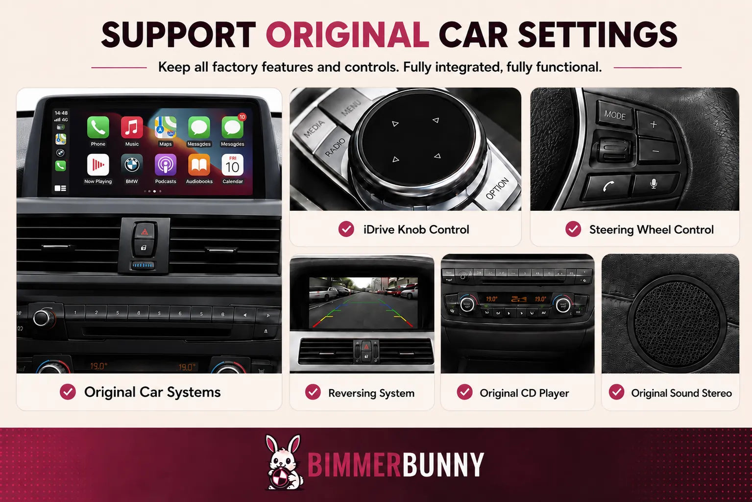 BimmerBunny BMW NBT EVO wireless Apple CarPlay and Android Auto interface with full OEM integration, retaining original iDrive controls, steering wheel buttons, reverse camera, CD player and factory audio system.
