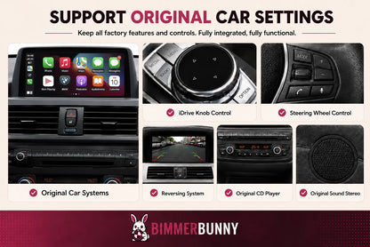 BimmerBunny BMW NBT EVO wireless Apple CarPlay and Android Auto interface with full OEM integration, retaining original iDrive controls, steering wheel buttons, reverse camera, CD player and factory audio system.