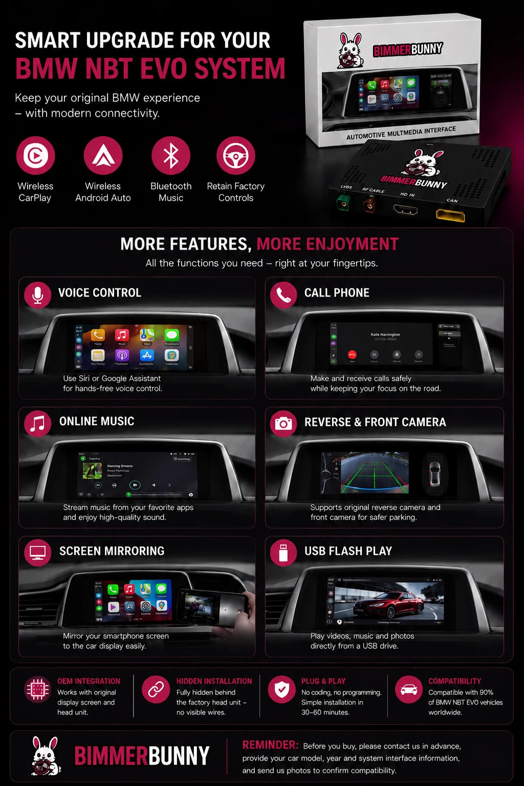 Overview of the BimmerBunny BMW NBT EVO wireless Apple CarPlay and Android Auto interface, featuring voice control, Bluetooth music, phone calls, screen mirroring, USB media playback, reverse camera support, OEM integration and plug-and-play installation.