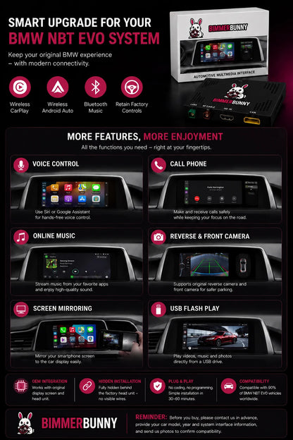 Overview of the BimmerBunny BMW NBT EVO wireless Apple CarPlay and Android Auto interface, featuring voice control, Bluetooth music, phone calls, screen mirroring, USB media playback, reverse camera support, OEM integration and plug-and-play installation.