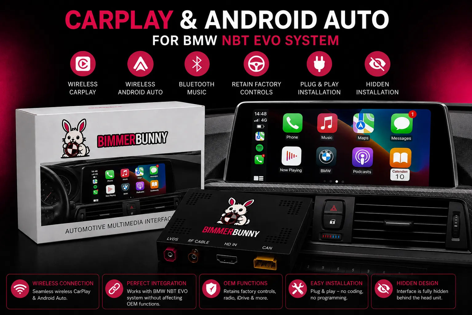 BimmerBunny BMW NBT EVO wireless Apple CarPlay and Android Auto interface kit with OEM integration, Bluetooth music, plug-and-play installation and retained factory iDrive controls.