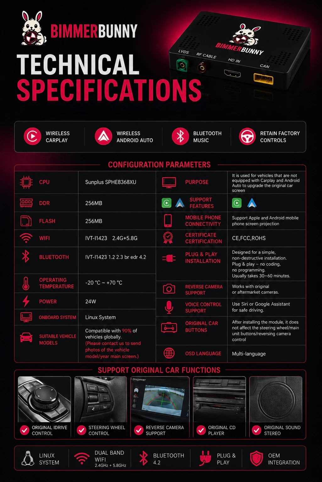 Technical specifications of the BimmerBunny BMW NBT EVO wireless Apple CarPlay and Android Auto interface, including hardware specifications, OEM integration, Bluetooth, WiFi, reverse camera support and original iDrive compatibility.