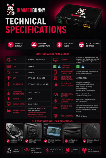 Technical specifications of the BimmerBunny BMW NBT EVO wireless Apple CarPlay and Android Auto interface, including hardware specifications, OEM integration, Bluetooth, WiFi, reverse camera support and original iDrive compatibility.