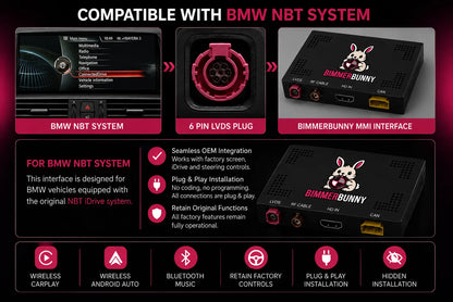 BMW NBT wireless Apple CarPlay and Android Auto MMI interface with 6-pin LVDS connector and OEM iDrive integration.