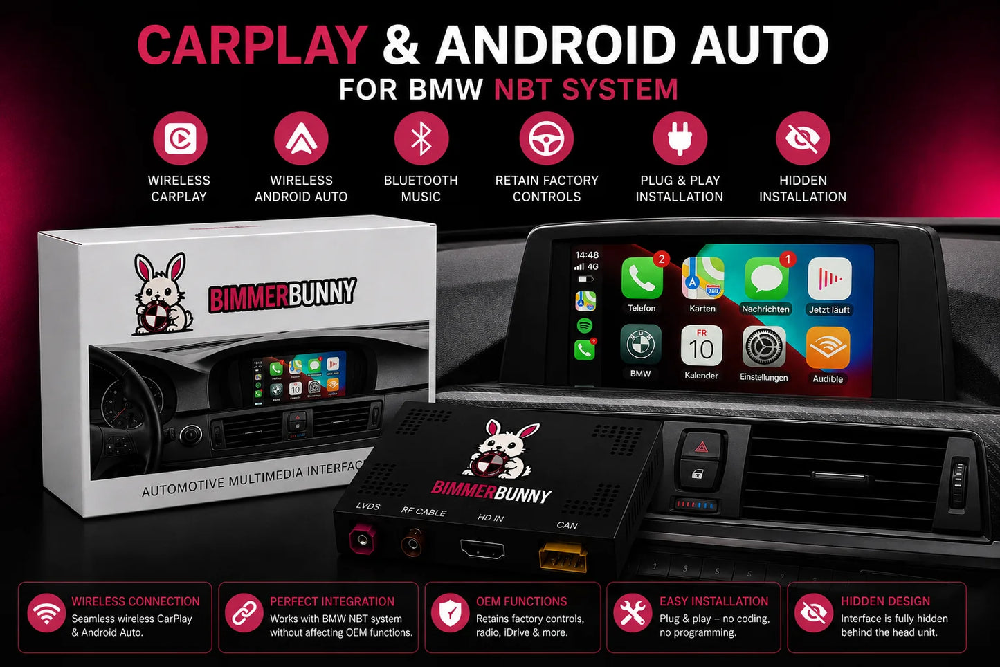 BMW NBT Wireless Apple CarPlay and Android Auto MMI Interface Upgrade with OEM iDrive Integration and Plug and Play Installation.