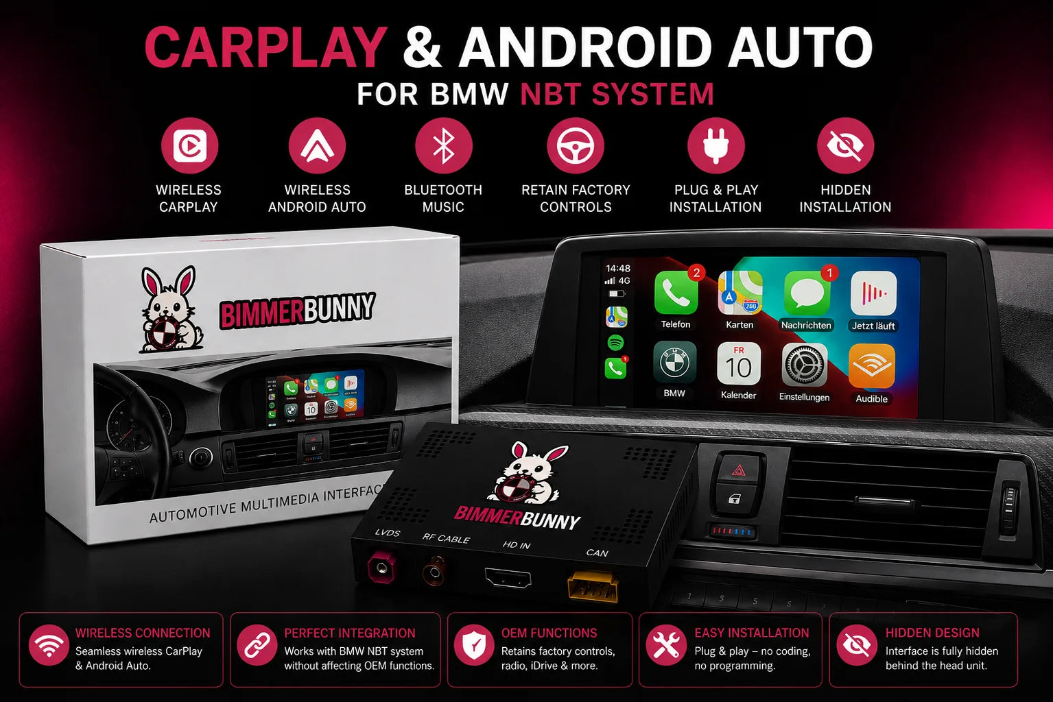 BMW NBT Wireless Apple CarPlay and Android Auto MMI Interface Upgrade with OEM iDrive Integration and Plug and Play Installation.