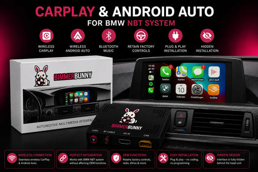 BMW NBT Wireless Apple CarPlay and Android Auto MMI Interface Upgrade with OEM iDrive Integration and Plug and Play Installation.