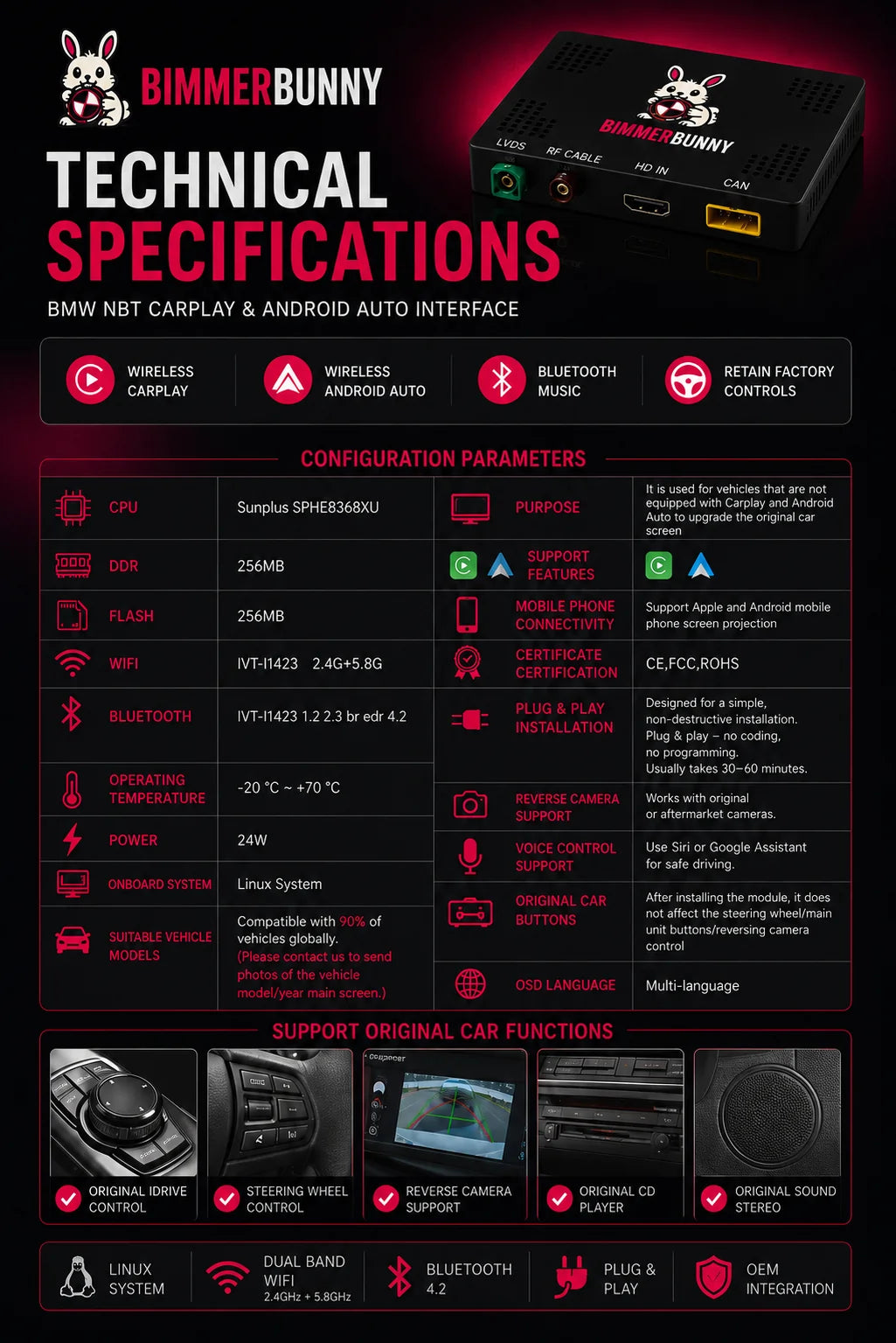 Technical specifications of BMW NBT CarPlay and Android Auto MMI interface with wireless CarPlay, wireless Android Auto, Bluetooth music, Linux operating system, OEM controls, reverse camera support and plug-and-play installation.