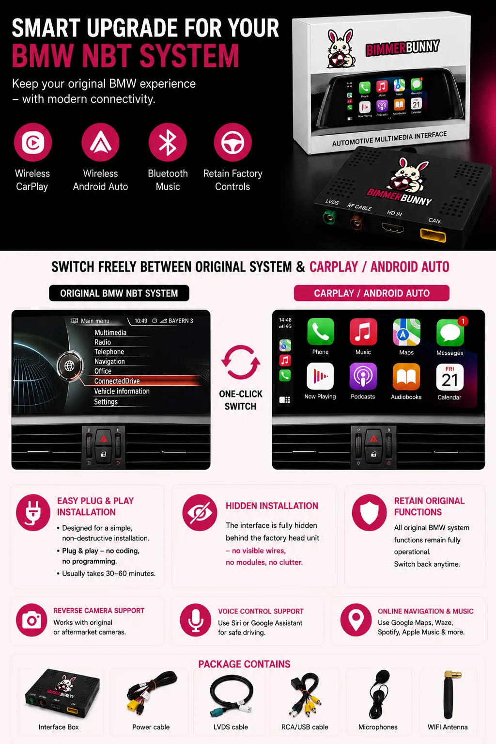 BMW NBT wireless CarPlay and Android Auto retrofit kit with OEM iDrive integration, reverse camera support, voice control and plug and play installation.