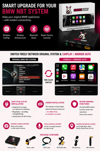 BMW NBT wireless CarPlay and Android Auto retrofit kit with OEM iDrive integration, reverse camera support, voice control and plug and play installation.