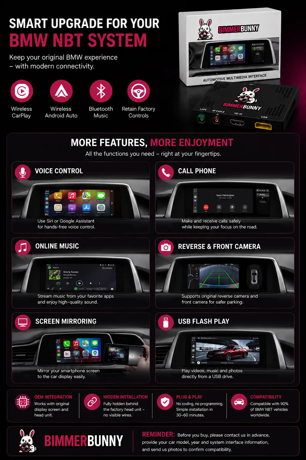 BMW NBT CarPlay and Android Auto retrofit kit featuring Siri and Google Assistant voice control, Bluetooth calling, music streaming, reverse camera integration, screen mirroring and USB playback.
