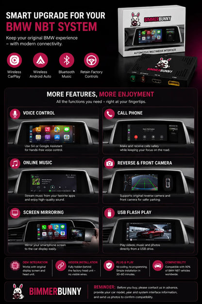 BMW NBT CarPlay and Android Auto retrofit kit featuring Siri and Google Assistant voice control, Bluetooth calling, music streaming, reverse camera integration, screen mirroring and USB playback.
