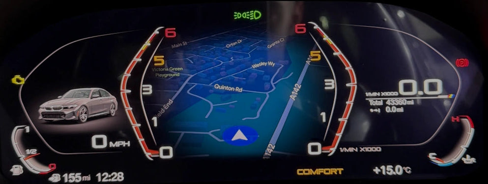 A close-up of a BMW's digital instrument cluster display showing a blue navigation map, speedometer, fuel gauge, and vehicle status on a dark dashboard.