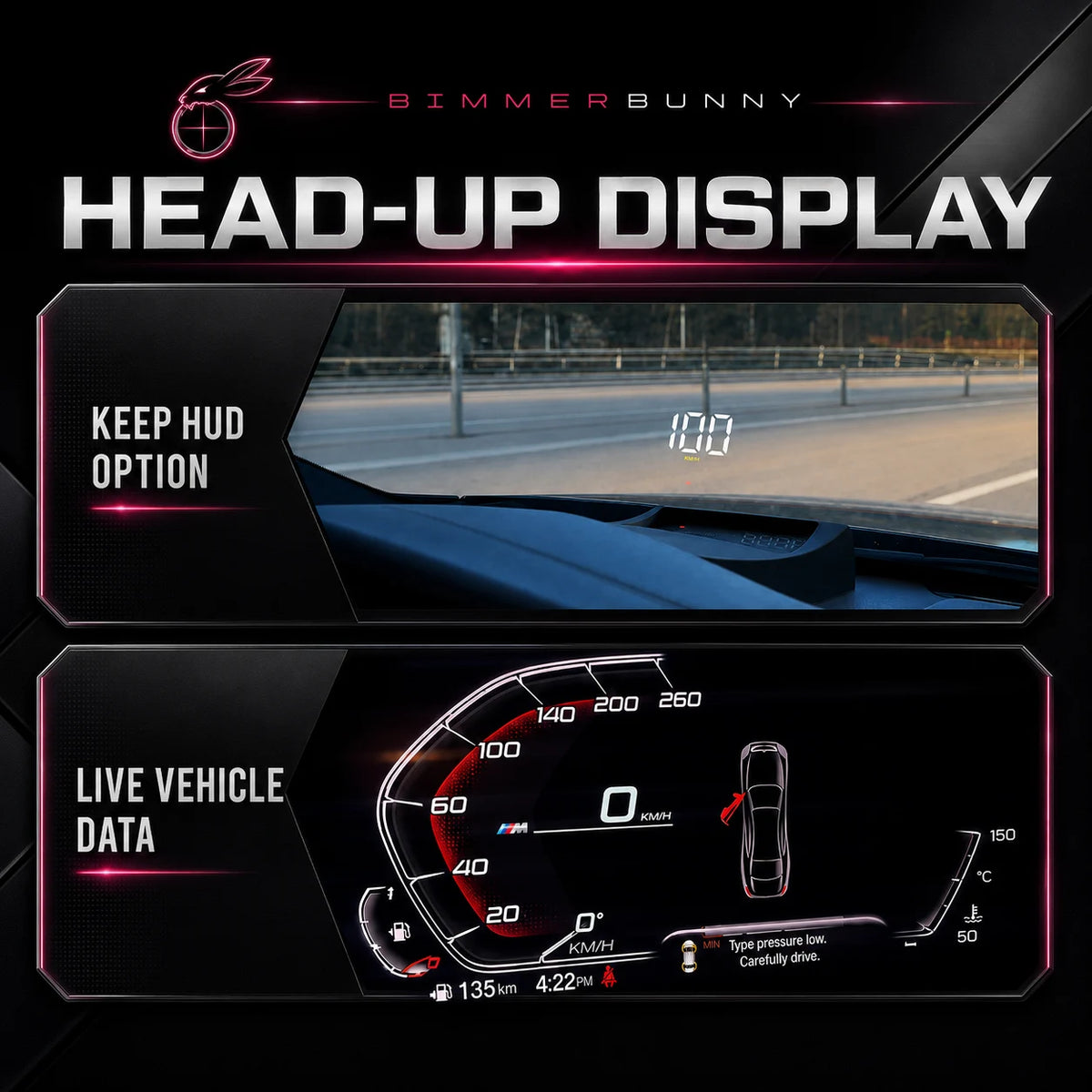 Promotional graphic for a BimmerBunny Digital BMW Cluster with head-up display, showing a car interior with a windshield-mounted HUD display and a lower panel displaying a full digital vehicle dashboard with speed, fuel, temperature, and vehicle status icons.