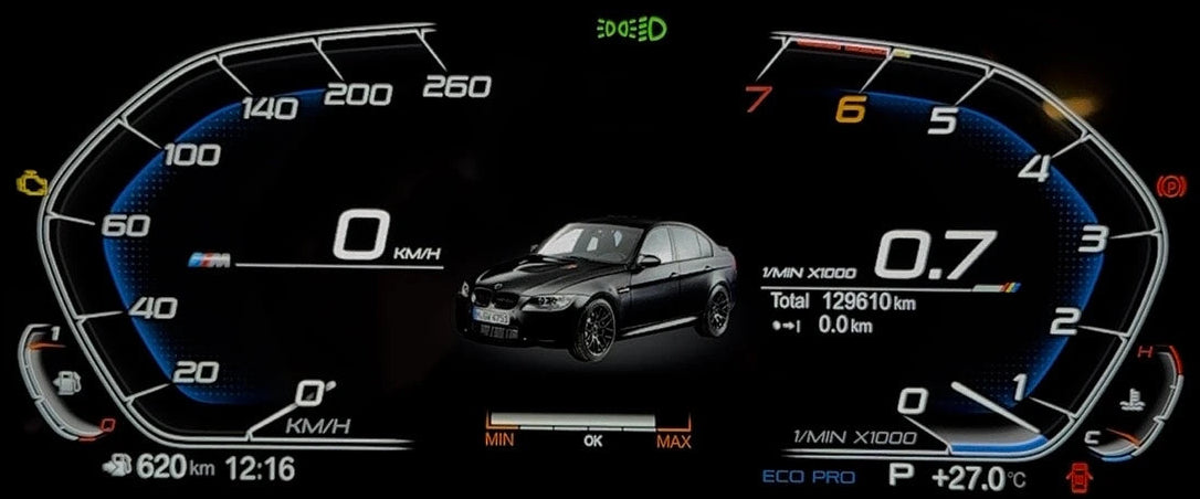 A BMW digital instrument cluster display on a BMW  dashboard showing a black BMW E60 sedan, speedometer, tachometer, and various vehicle metrics on a dark background.