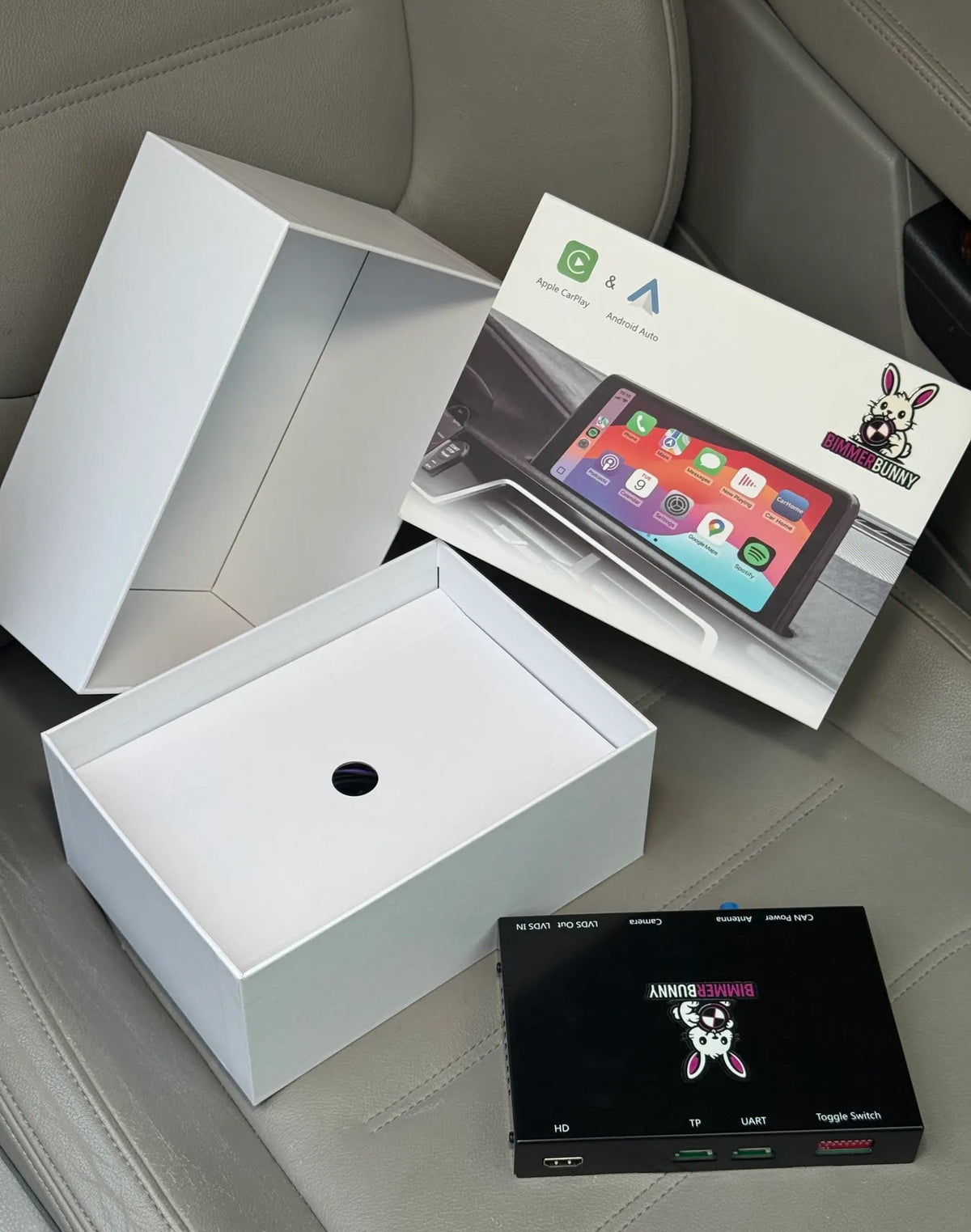 BimmerBunny BMW wireless CarPlay and Android Auto MMI box shown with product packaging