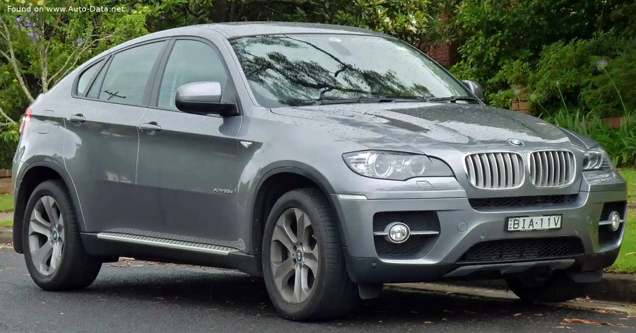 A silver BMW X6 E71 SUV parked outdoors on a paved surface with green trees and foliage in the background.