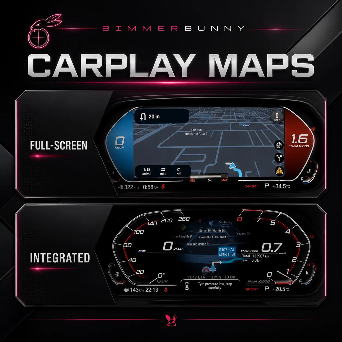 Promotional graphic for BimmerBunny BMW Digital Cluster with CarPlay Maps showing two dashboard display customization options: Full-Screen and Integrated. The top panel displays a full car navigation map on a full-color screen, while the bottom panel shows an integrated instrument cluster with a blue navigation overlay.