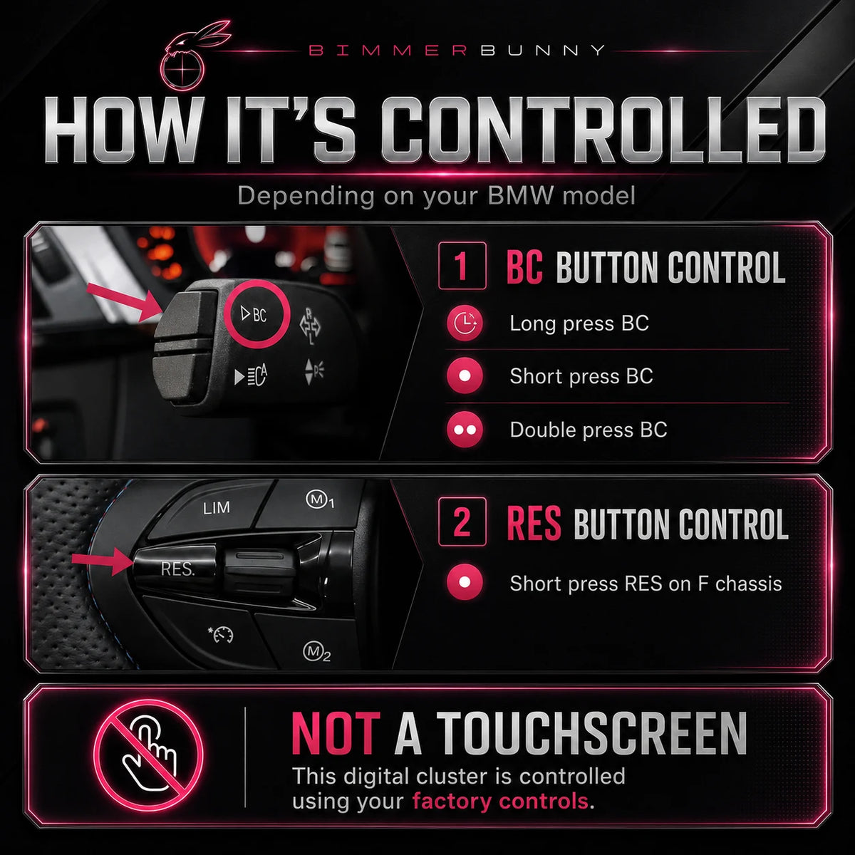 An informational graphic titled for the bmw virtual cockpit upgrade titled 'HOW IT'S CONTROLLED' for the BimmerBunny product, showing two sections with close-up photos of a car steering wheel cluster and text explaining BC button control and RES button control, plus a note that the digital cluster is not a touchscreen.