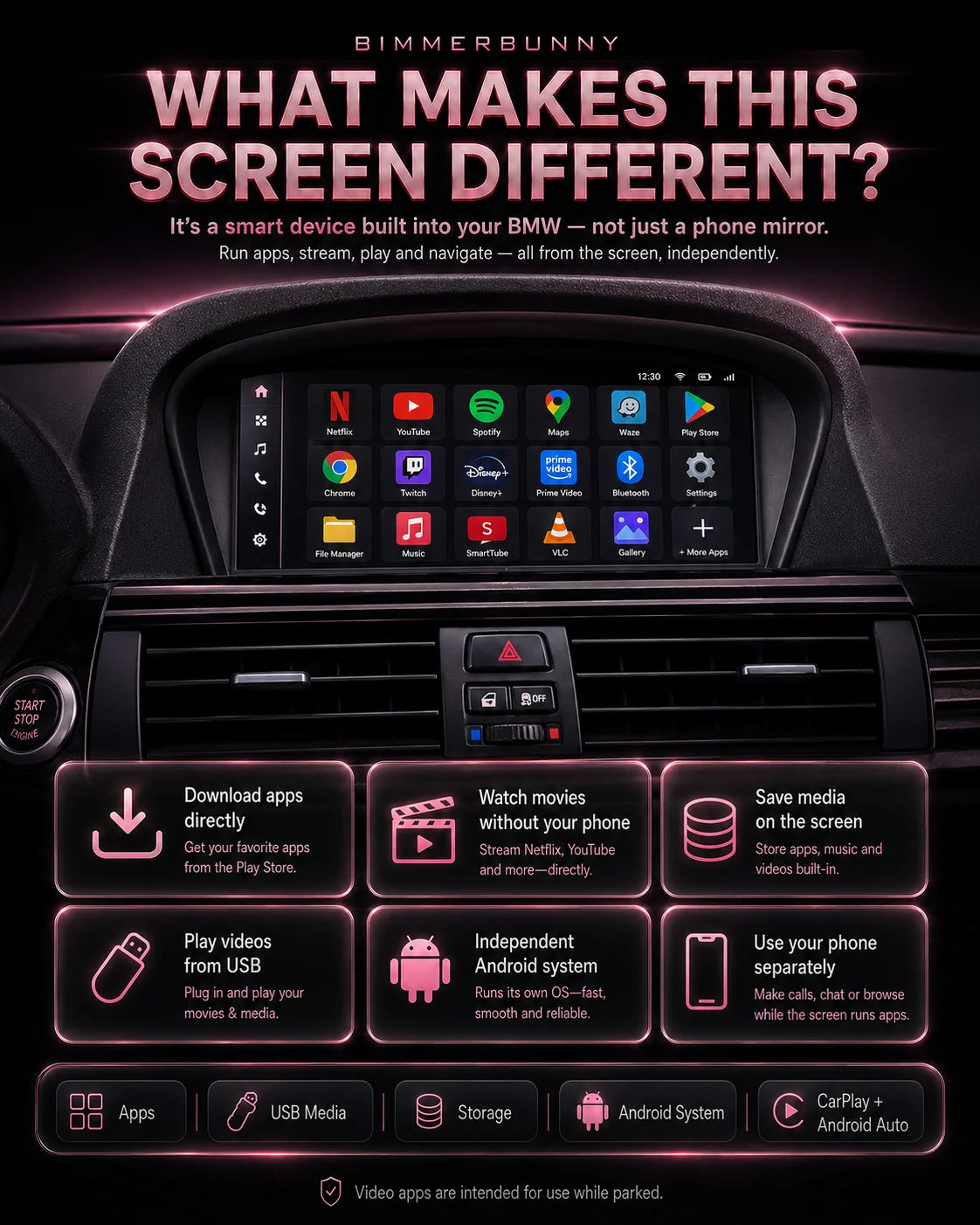 BMW E92 E90 E60 E63 infotainment Android screen upgrade by Bimmerbunny, showing a large touchscreen display with app icons like Netflix and Twitch and feature callouts below. The design uses black, pink, and white with glowing pink accents around the screen and feature tiles.