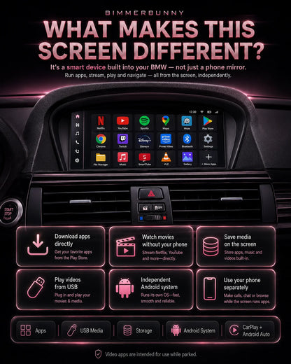 BMW E92 E90 E60 E63 infotainment Android screen upgrade by Bimmerbunny, showing a large touchscreen display with app icons like Netflix and Twitch and feature callouts below. The design uses black, pink, and white with glowing pink accents around the screen and feature tiles.
