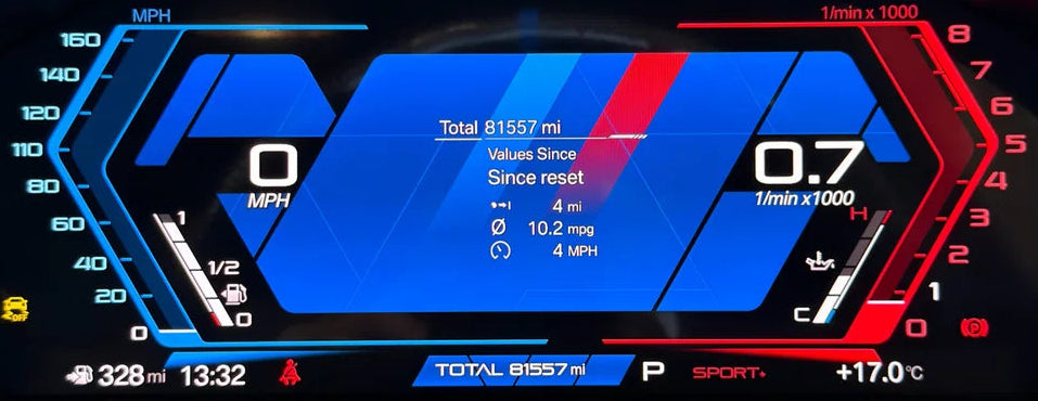 BMW dashboard with digital instrument cluster retrofitted displaying various metrics in the new BMW OEM 2026 style